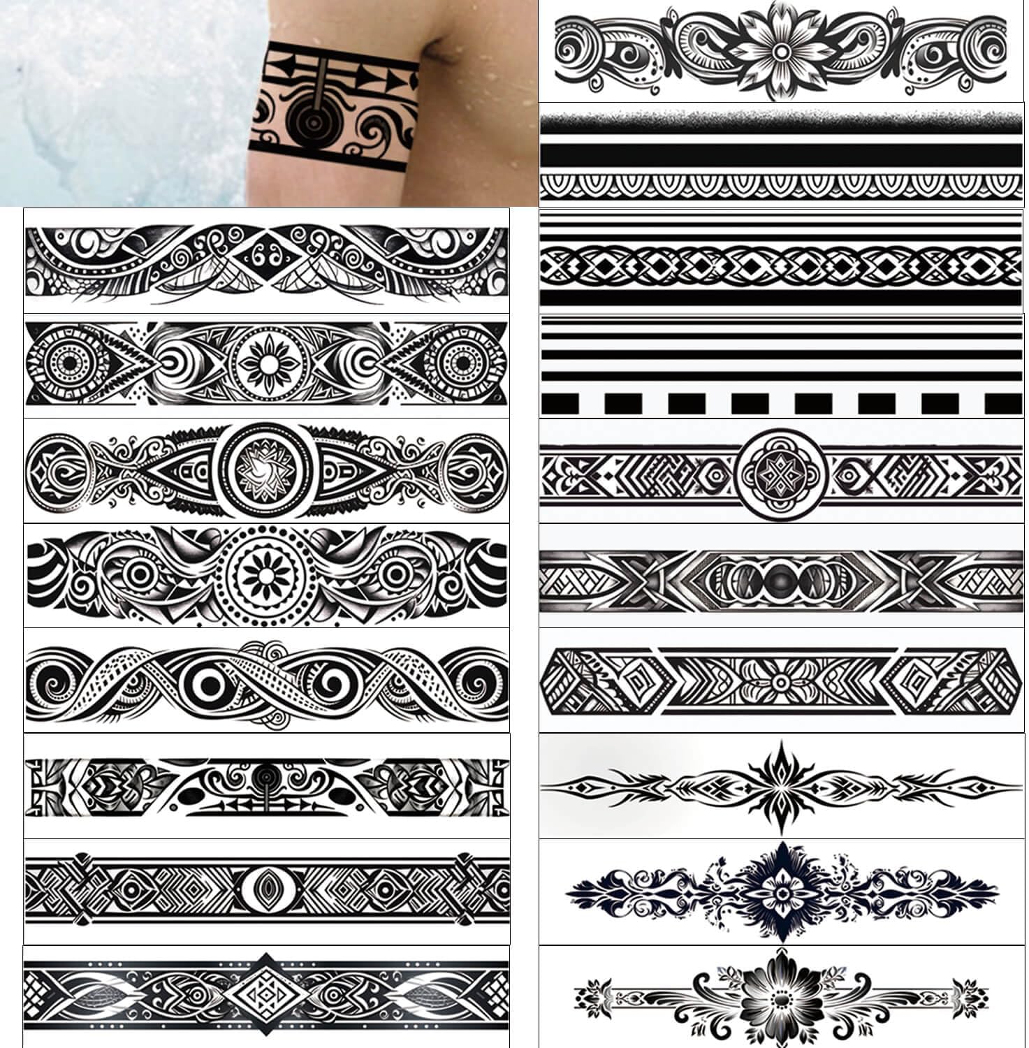 GLARYYEARS Arm Band Temporary Tattoo - 18 Pack Super Long size, Realistic & Boho Polynesian Maori Style Fake Tattoos, ArmBand Tattoos for Wrist, Ankle Circle, Floral, Tribal and Totem