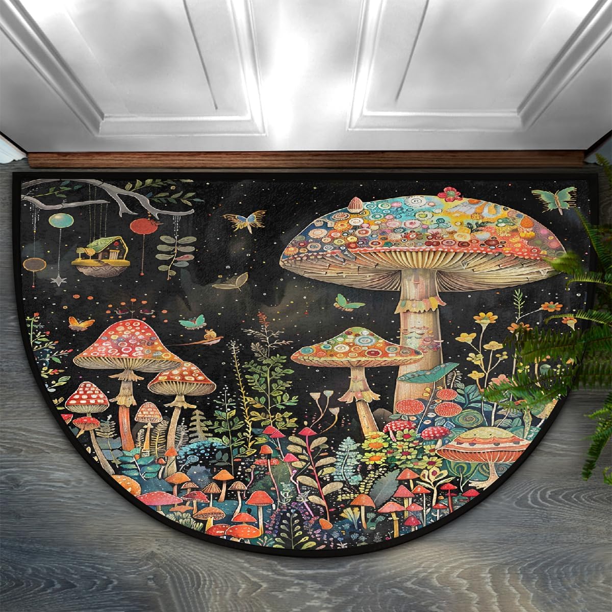 Half Round Door Mat Colorful Abstract Mushroom Half Moon Rug Washable Half Circle Area Rugs Indoor Entrance Non Slip Semi Circle Bathroom Rugs Floor Carpet for Kithen Bedroom Fireplace Decor