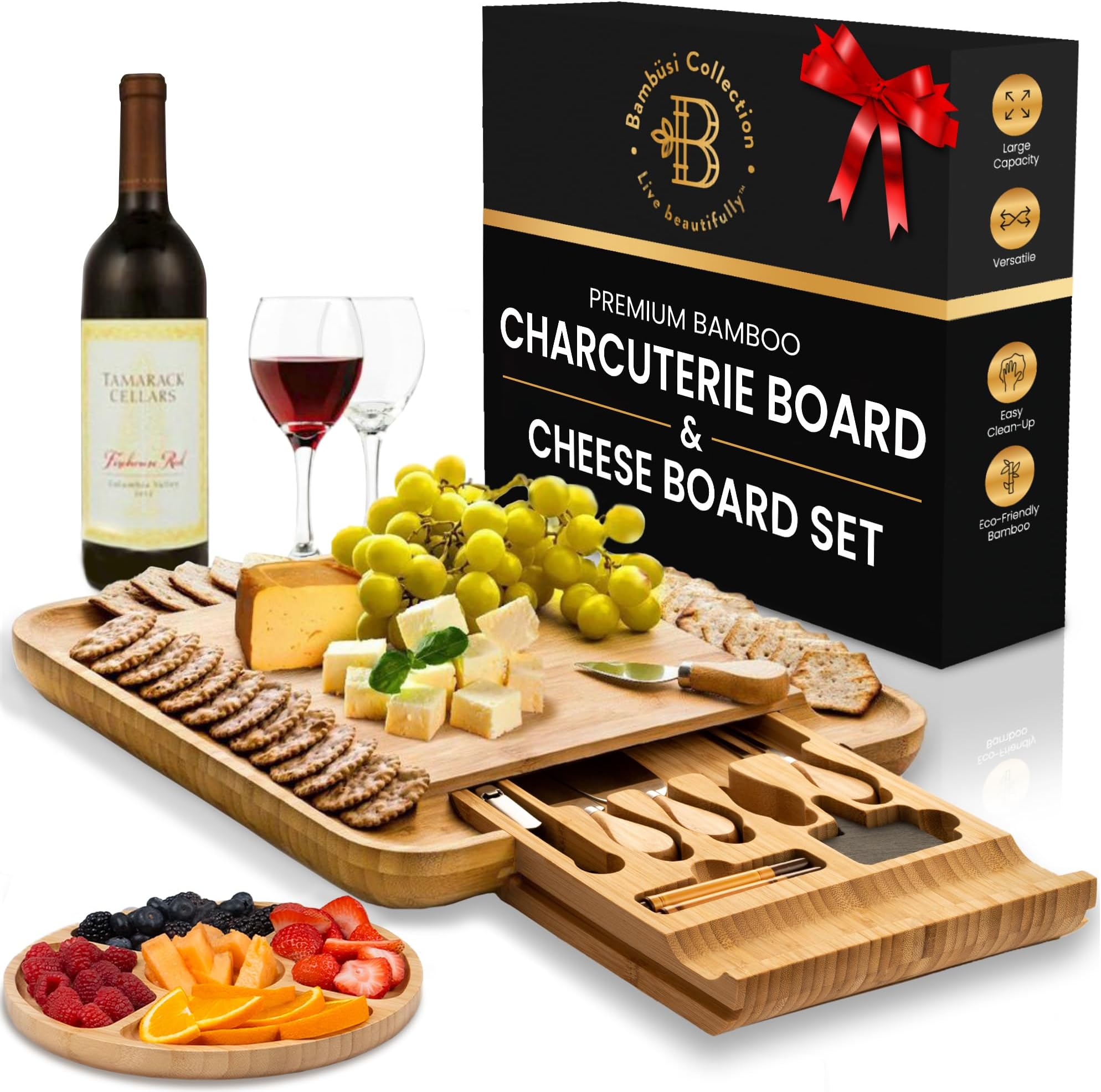 Premium Cheese Board and Knife Set - Bamboo Wood Charcuterie Board Set & Cheese Board Accessories Set - Kitchen Wine & Meat Cheese Serving Platter - Unique Christmas Gifts, Housewarming, Wedding Gift