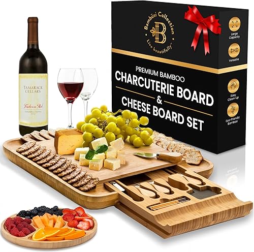 Premium Cheese Board and Knife Set - Bamboo Wood Charcuterie Board Set Cheese Board Accessories Set - Kitchen Wine Meat Cheese Serving Platter -