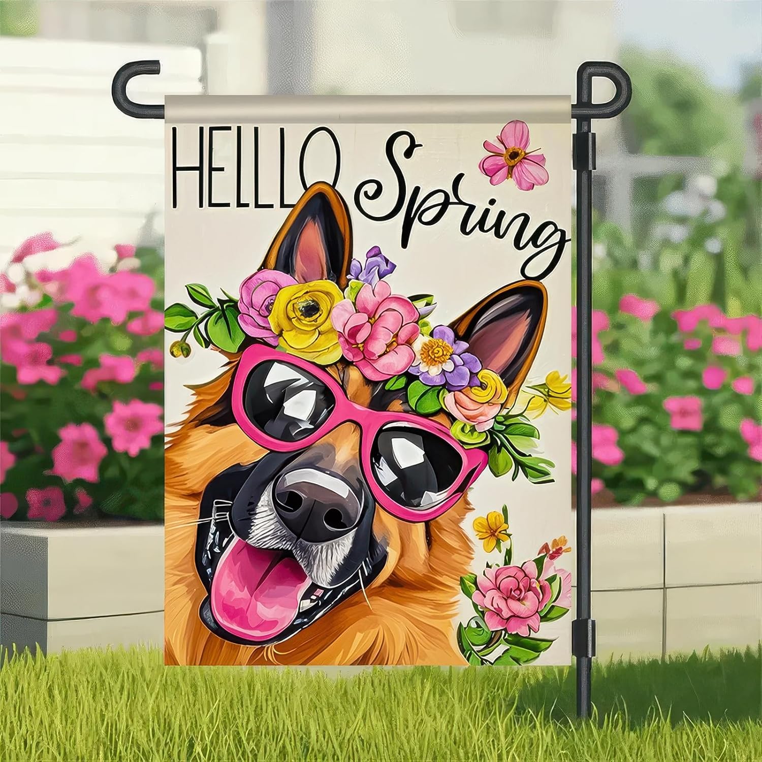 ello Spring German Shepherd Garden Flag 12x18 Double Sided Dog Garden Flag with Sunglasses Floral Design, Spring Summer Outdoor Yard Flag for Lawn Patio Porch Seasonal Decoration - Image 8