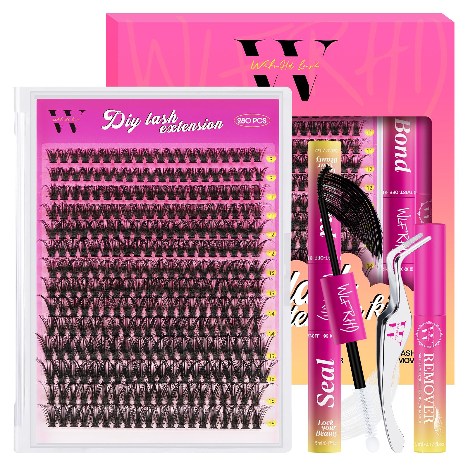 Kit di estensione ciglia 280 pezzi di ciglia a grappolo 50D Kit di ciglia a grappolo con legame e sigillo per ciglia, rimozione ciglia e pinzette (kit D-Mix9-21mm)