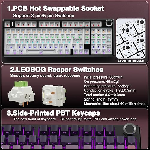 Miniatura 5 de AULA Teclado mecánico inalámbrico F99 Pro con perilla, Tri-Mode BT5.0USB-C2.4GHz Teclado intercambiable en caliente, estructura de junta, sonido