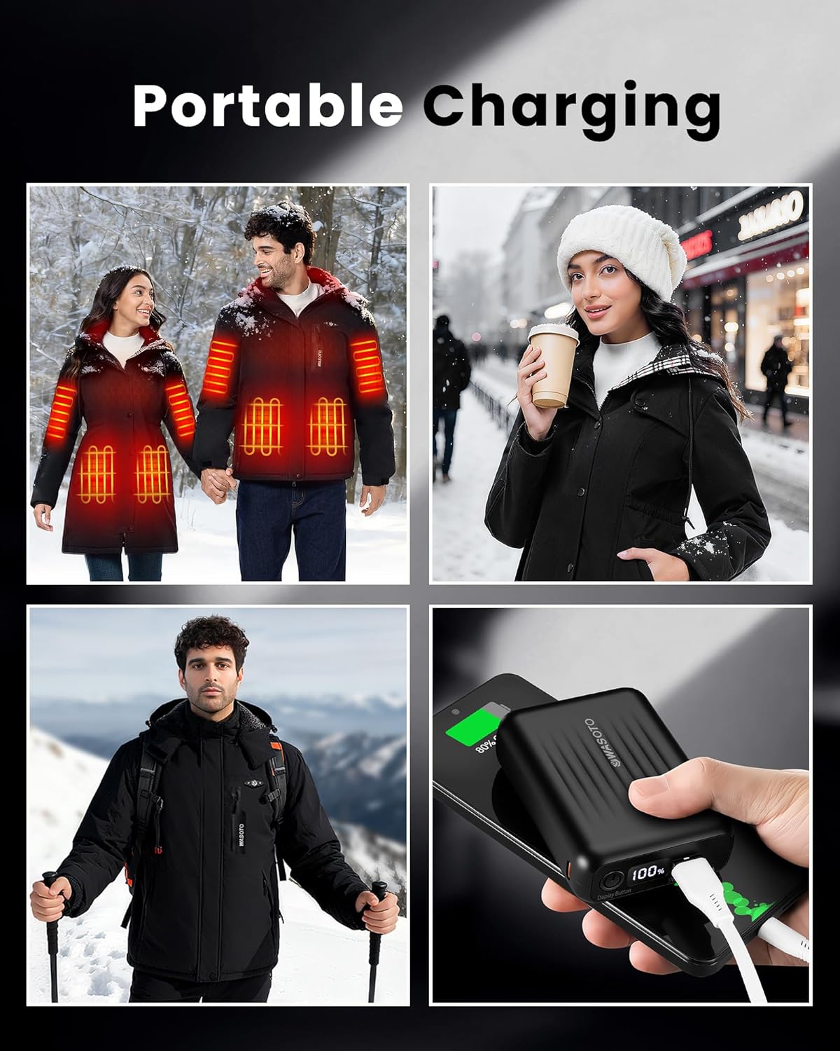 WASOTO 18400mAh Heated Jackets Battery Portable LED Display Rechargeable Battery Pack for Heated Vest Power Bank for Men Women DC/USB/Type-C Output - Image 6