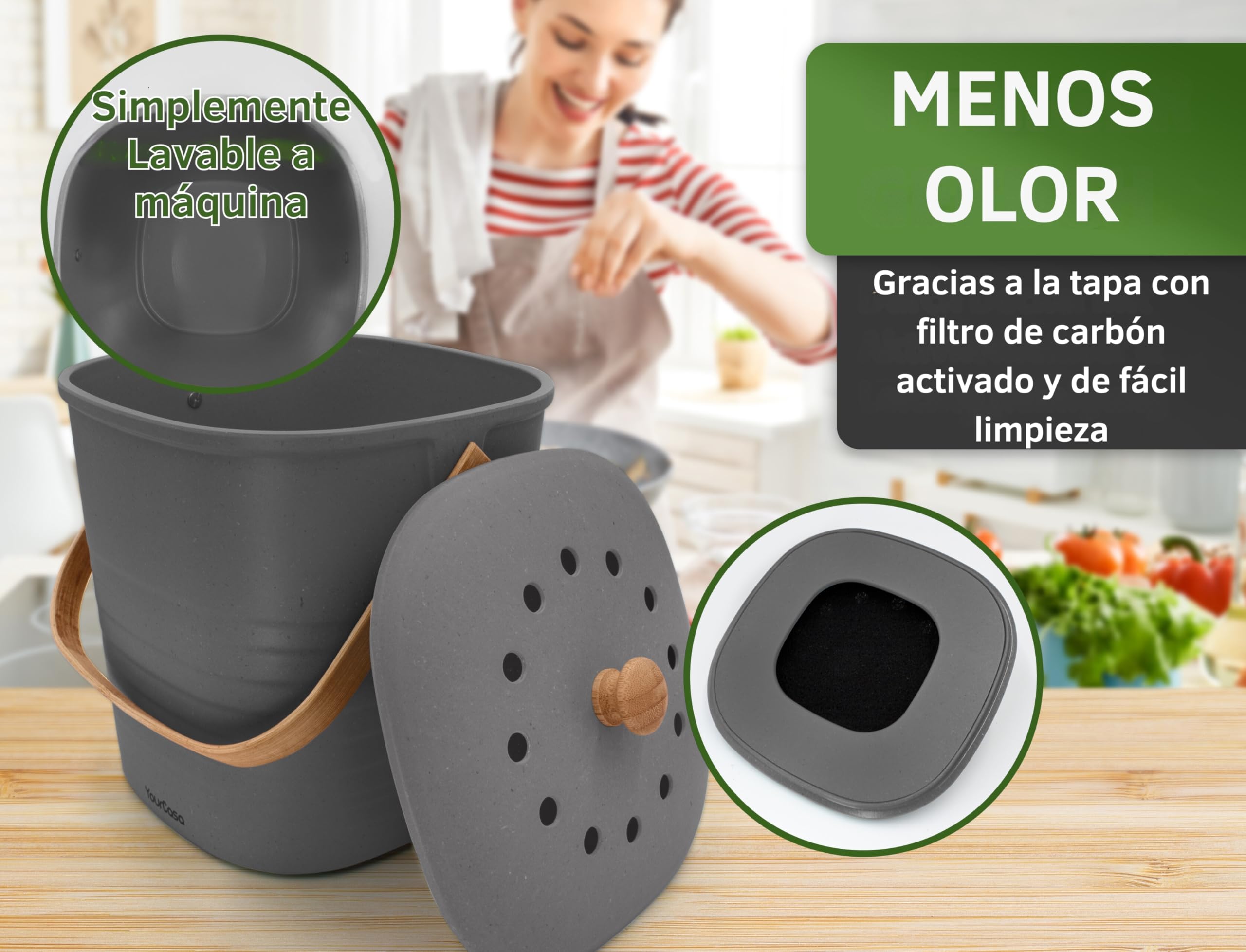 YourCasa Cubo Basura pequeño 4L - Cubo Basura organica con Filtro de carbón Activado - Cubo organico Cocina con Tapa compostador Cocina Cubo Basura organica pequeño Basura organica Cocina (Antracita)