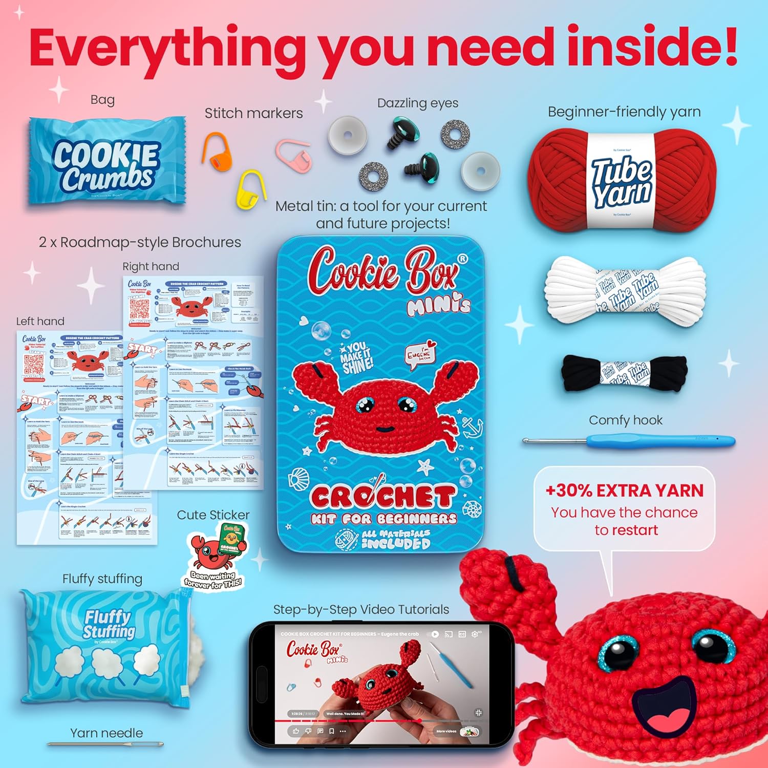 Cookie Box Crochet Kits for Beginners - Crab Eugene, Squid Inky - Bundle