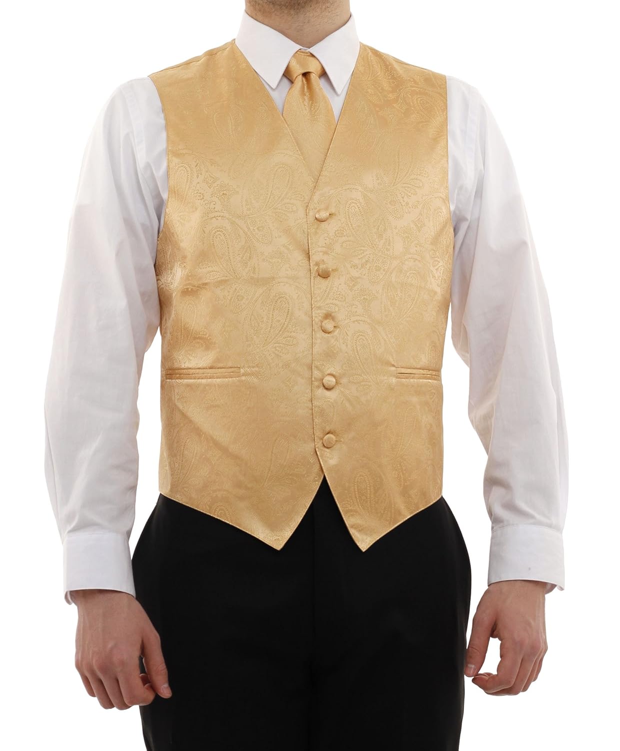 Vesuvio Napoli Conjunto de colete masculino com design Paisley e gravata dourada para terno