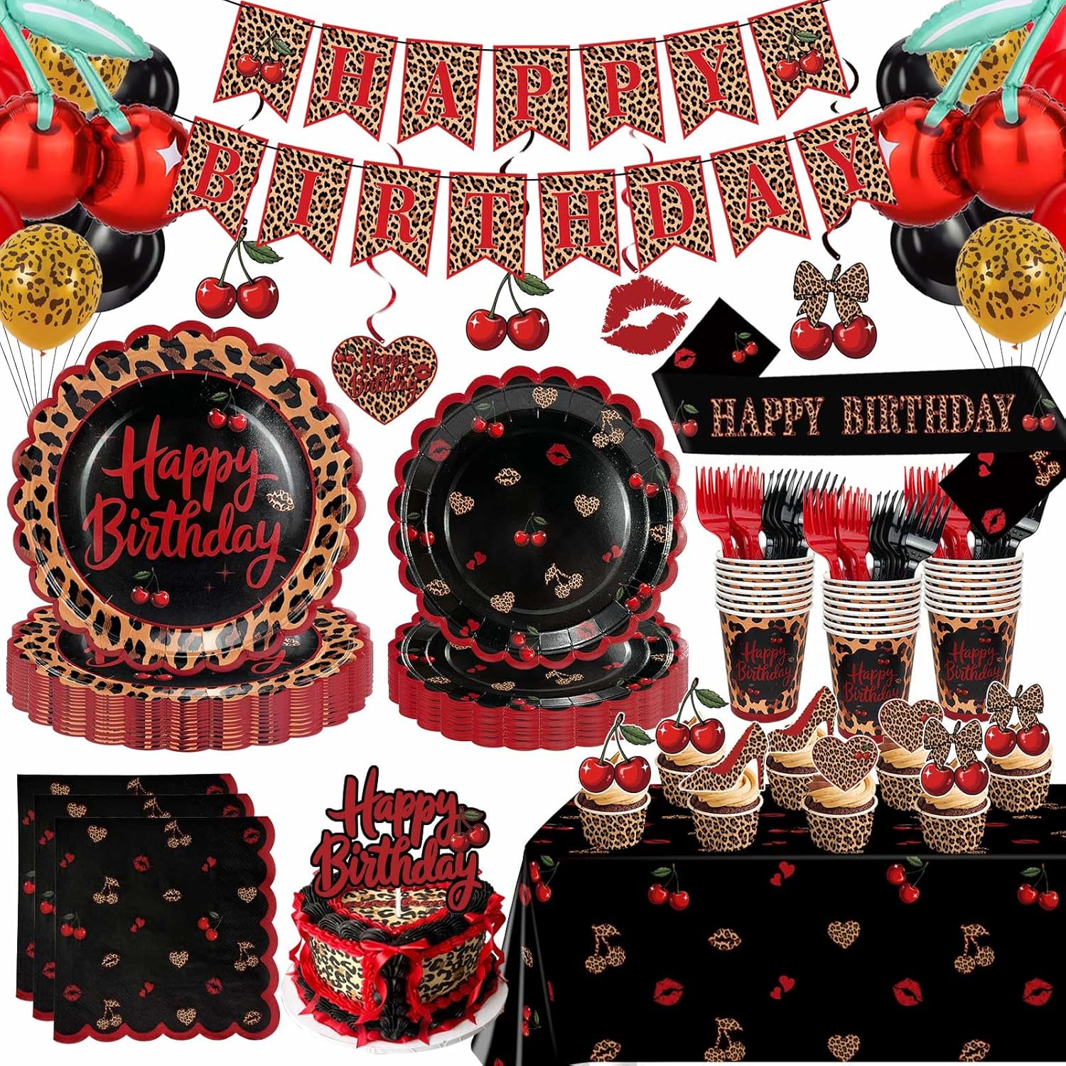 Cheetah Print Birthday Decorations, Red Leopard Birthday Party Supplies Include Plates Napkins Cups Banner Tablecloth Hanging Swirls Cake Topper Balloons for Girls Women
