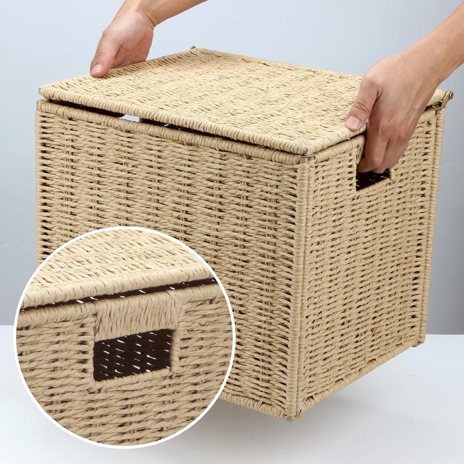 Large Seagrass File Storage Box Organizers, 14.4 x 11.8 x 11.4 Inch Paper Rope Storage Box, Seagrass Wicker File Box Organizer Hanging Filing Basket with Lid Decorative File Baskets