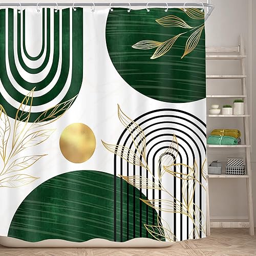 Miniatura 2 de KOMLLEX Cortina de ducha bohemia verde para decoración de baño, 72 pulgadas de ancho x 72 pulgadas de alto, abstracto, retro, dorado, de mediados de