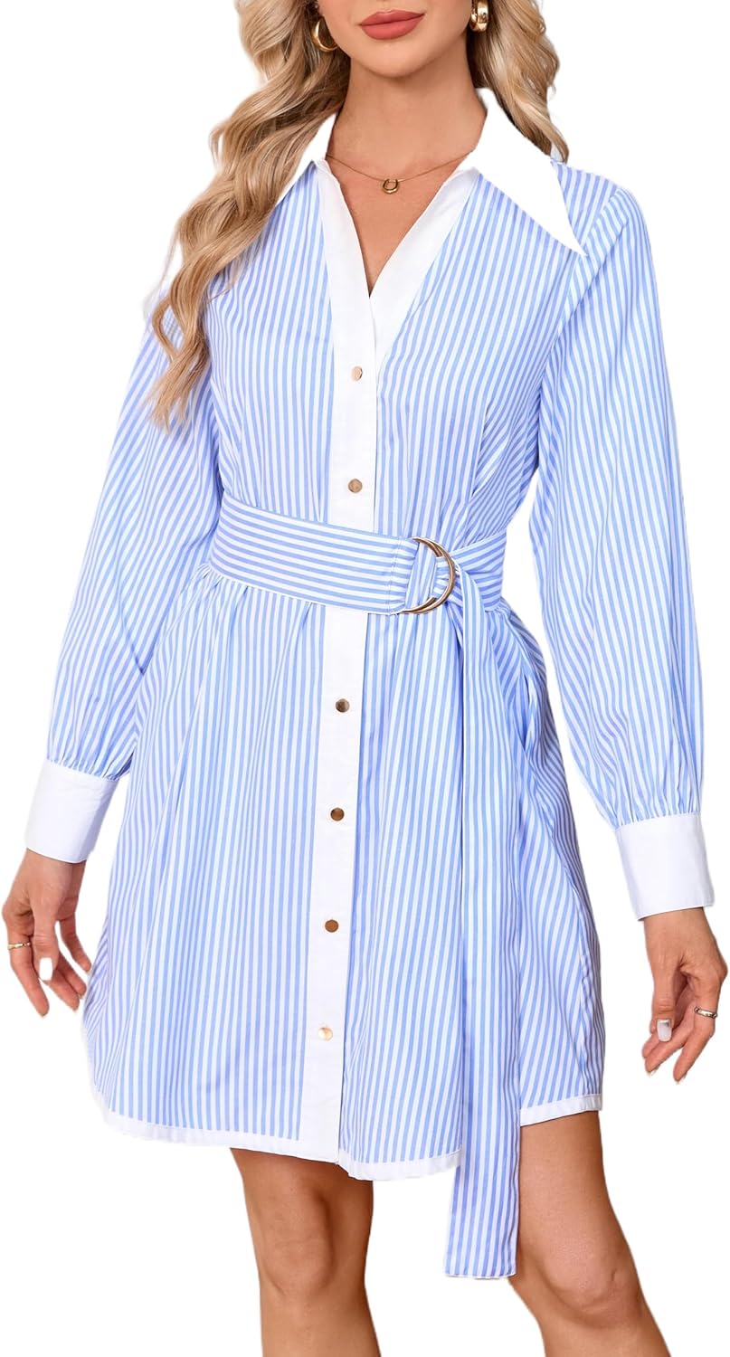 Womens Long Sleeve Shirt Dress Cotton Striped Button Down V Neck Mini Tunic Dress Belted Dresses with Pockets