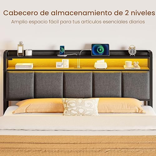 Miniatura 8 de Rolanstar Base de cama tamaño Queen con estación de carga y luces LED, cabecera de almacenamiento tapizada con cajones, listones de metal Gris oscuro