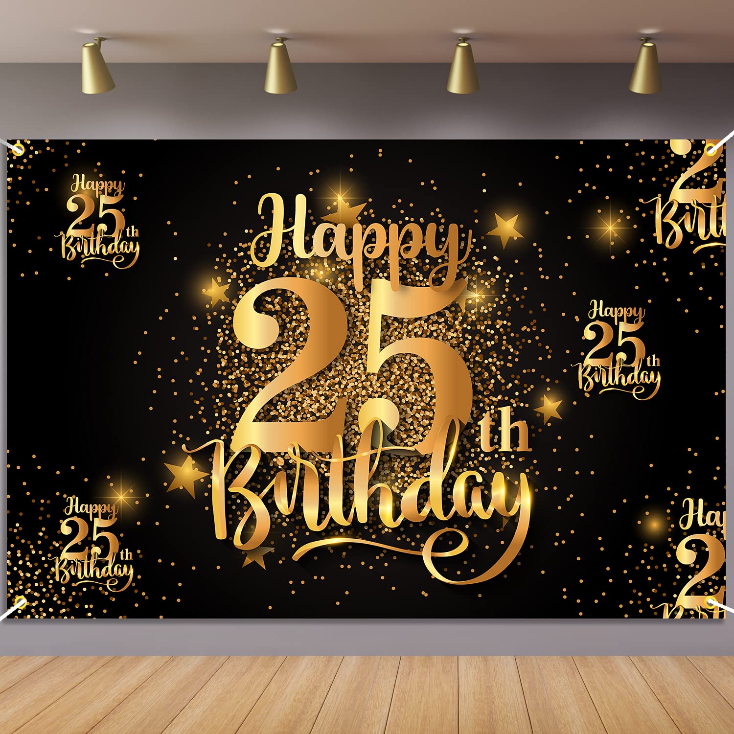Happy 25th Birthday Backdrop Banner Step and Repeat 25 Years Old Background Decorations for Women Men Her Him Photography Party Supplies Glitter Black