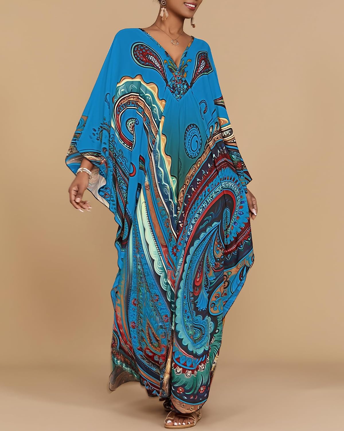 Bsubseach Kaftan Dresses for Women Ethnic Print Plus Size Beach Cover Ups Batwing Sleeve Caftans with Pockets thumbnail