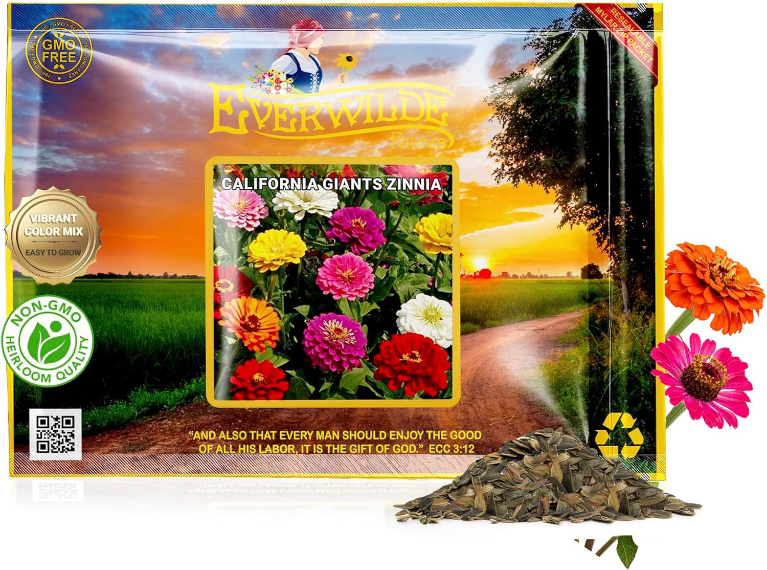 Everwilde California Giants Zinnia Seed Mix 1 lb – Bright Blooms in Pink, Purple, Red, Orange, Yellow & White – Easy-to-Grow Annuals for Gardens & Bouquets – Gold Vault Packet