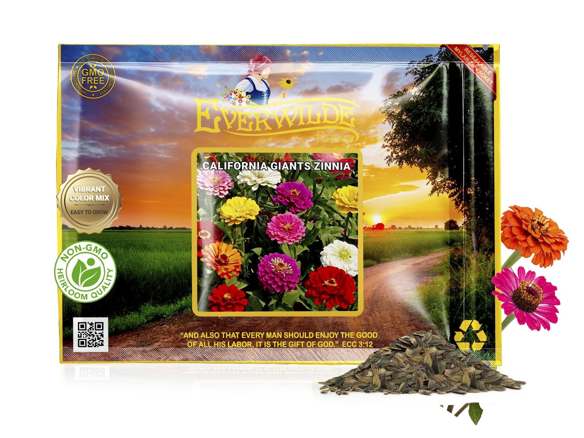 Everwilde California Giants Zinnia Seed Mix 1 lb – Bright Blooms in Pink, Purple, Red, Orange, Yellow & White – Easy-to-Grow Annuals for Gardens & Bouquets – Gold Vault Packet