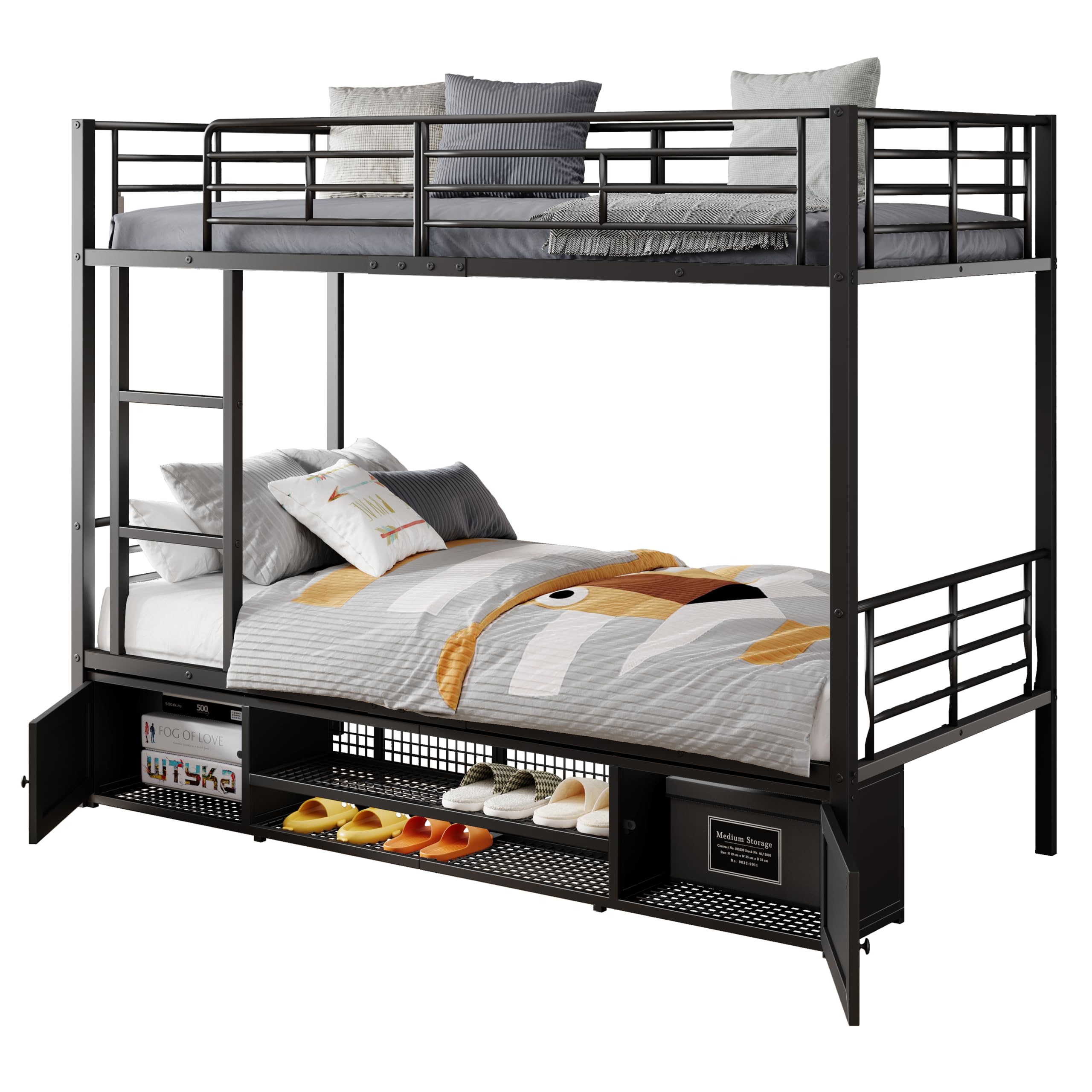 Cama con marco de hierro, litera, negro, 90 x 200 cm, zapatero abierto, armario de almacenamiento de doble puerta, con escalera lateral, rejilla protectora, sin colchón