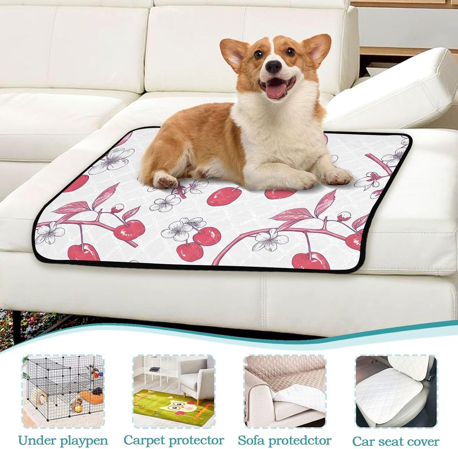 White Cherry Blossom Flower Pet Mat Reusable Feeding Mats for Food and Water Non-Slip Pee Pads for Dogs Cats 2 Packs