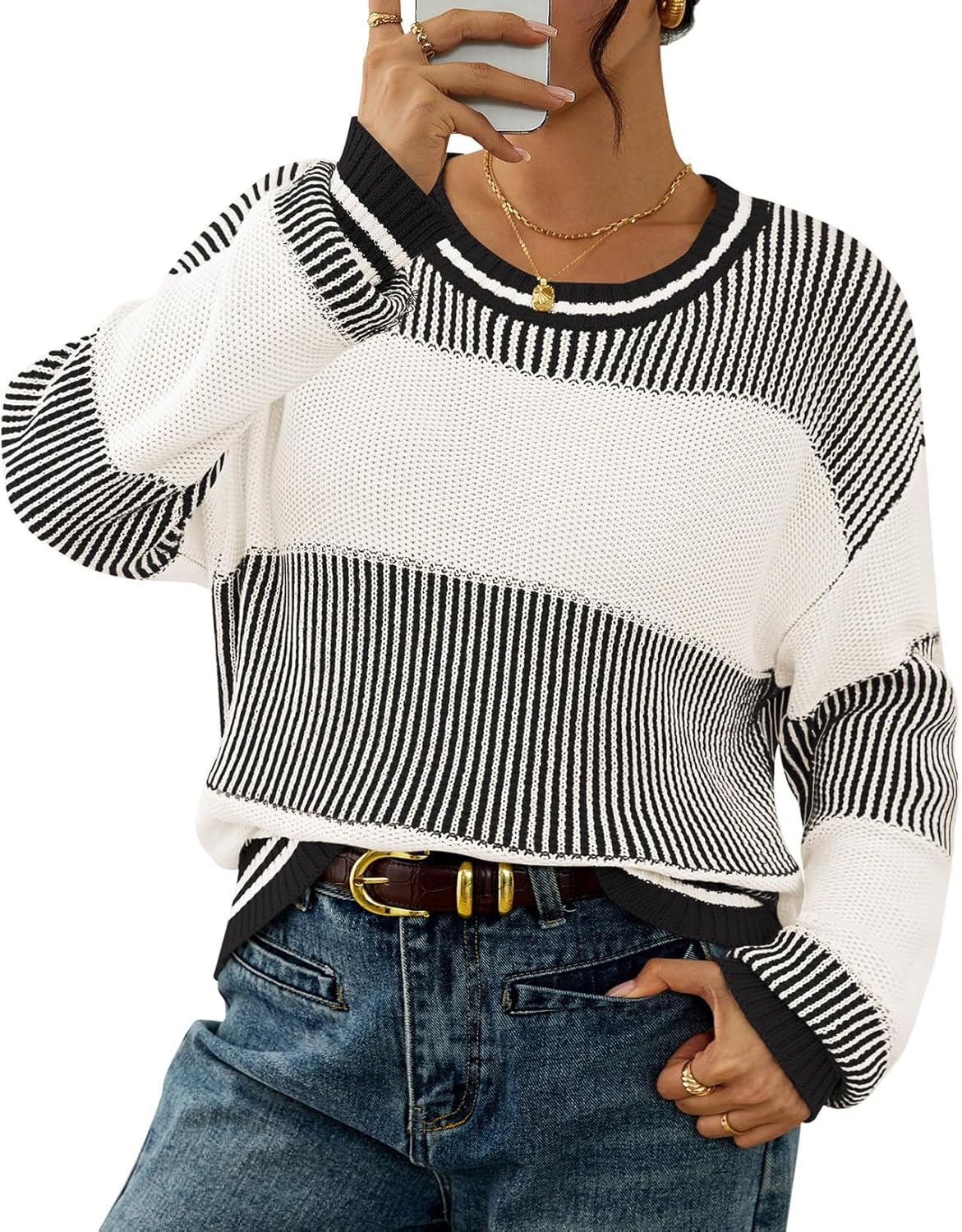 Viottiset Women's 2025 Fall Fashion Crew Neck Long Sleeve Striped Color Block Knit Loose Pullover Sweater Tops