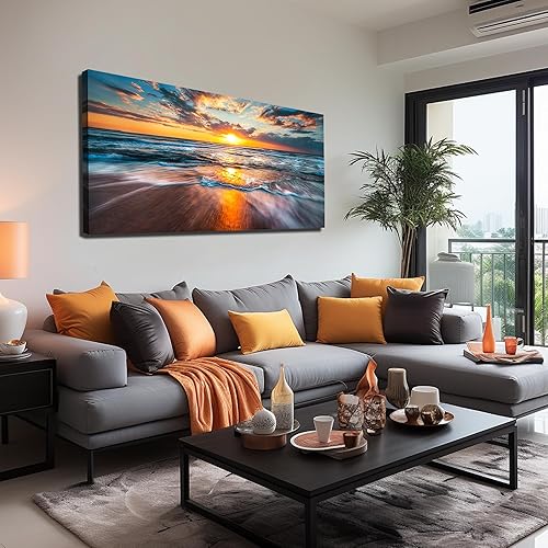 GUGIKA Arte de pared con sol para sala de estar, ola azul y playa costera grande, decoración de pared para dormitorio, póster de paisaje de sol