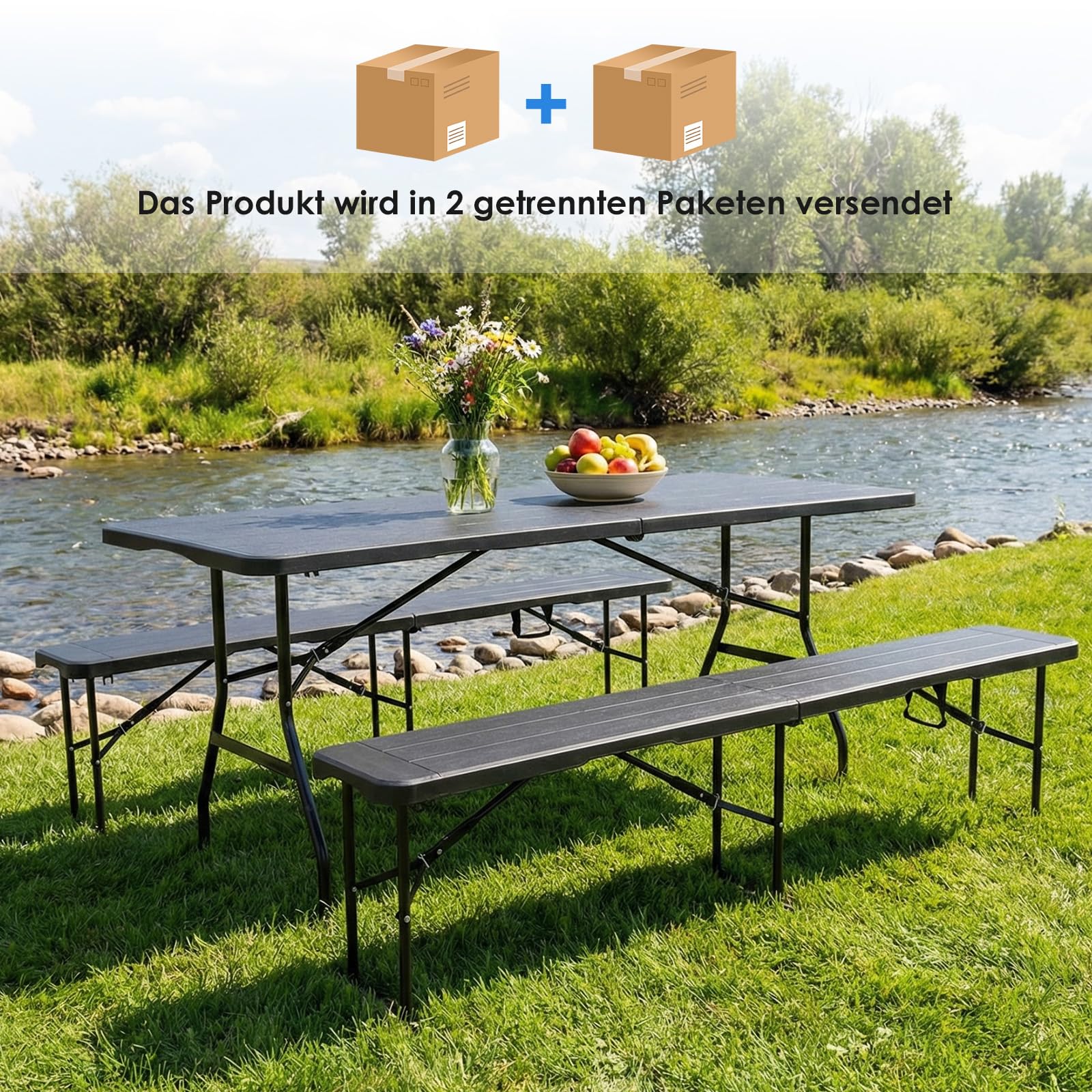 Set Tenda da Birra 3 Pezzi 180cm, Tavolo e 2 Panche Pieghevoli, Mobili da Giardino in Plastica HDPE