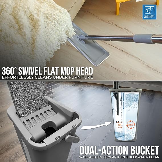 Flat Mop and Bucket Set with 360° Swivel Head, 2 Microfibre Mop Heads, Built In Bucket Wringer & Scraper, Easy to Use Mops for Cleaning Floors in Bathroom, Kitchen, Wood, Tile, Laminate
