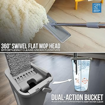 Flat Mop and Bucket Set with 360° Swivel Head, 2 Microfibre Mop Heads, Built In Bucket Wringer & Scraper, Easy to Use Mops for Cleaning Floors in Bathroom, Kitchen, Wood, Tile, Laminate