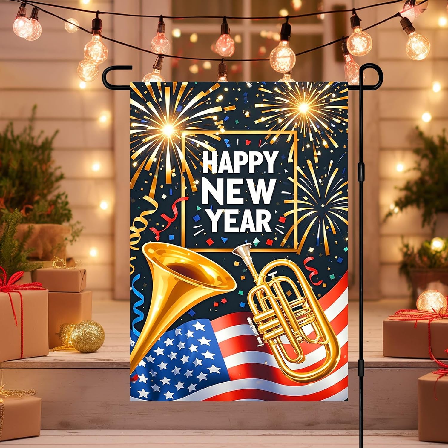 Happy New Year Garden Flag 12x18 Inch Double Sided Patriotic Banner Outdoor Yard Decoration with Confetti for Home Lawn Porch Seasonal Holiday Welcome Garden Flags Outdoor Decor - Image 6