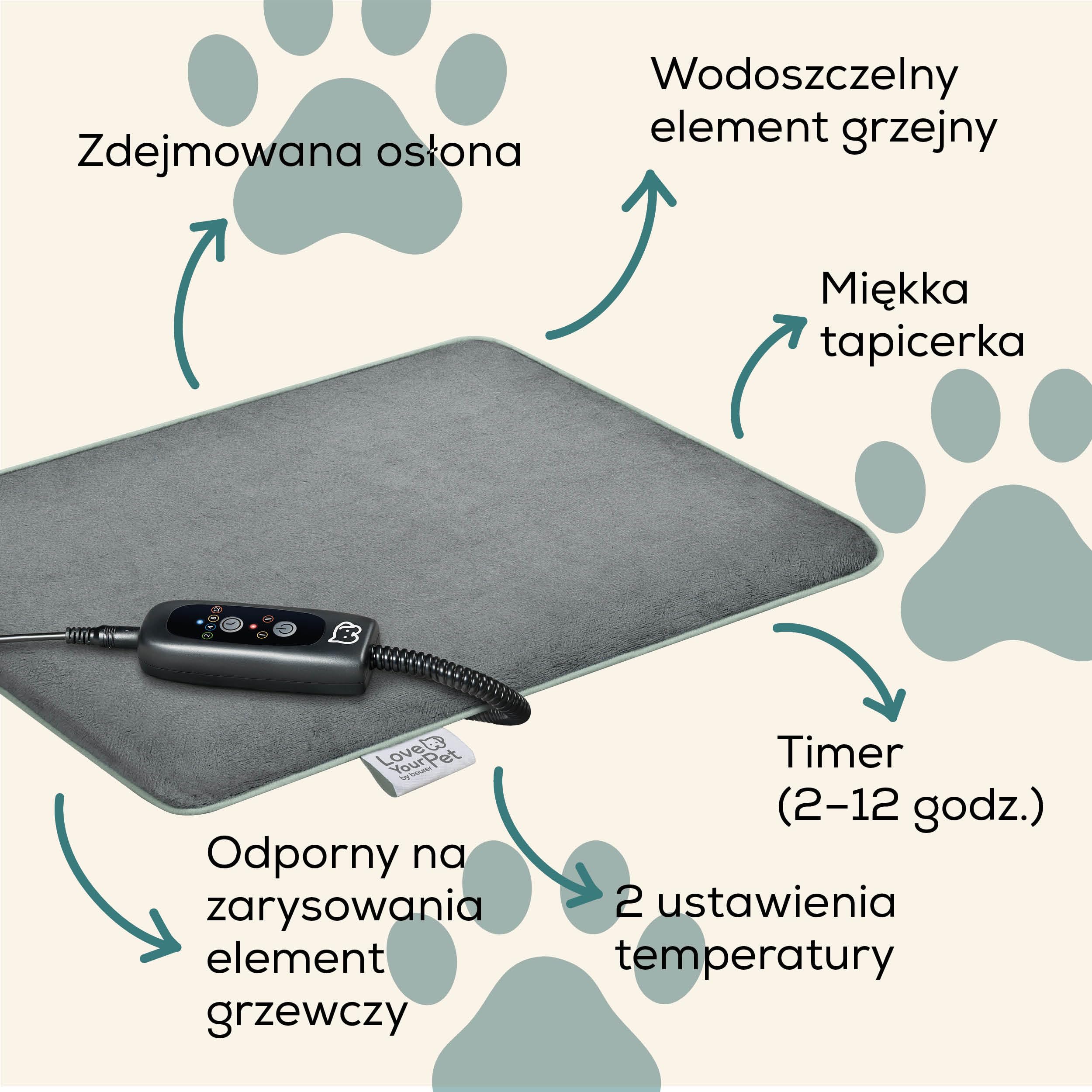 Beurer Love Your Pet Mata rozgrzewająca S „Lilli” z serii dla psów i kotów, z timerem, poduszka elektryczna, możliwość prania w temperaturze 30°C, odporna na zadrapania i wodoszczelna, 41 x 34 cm