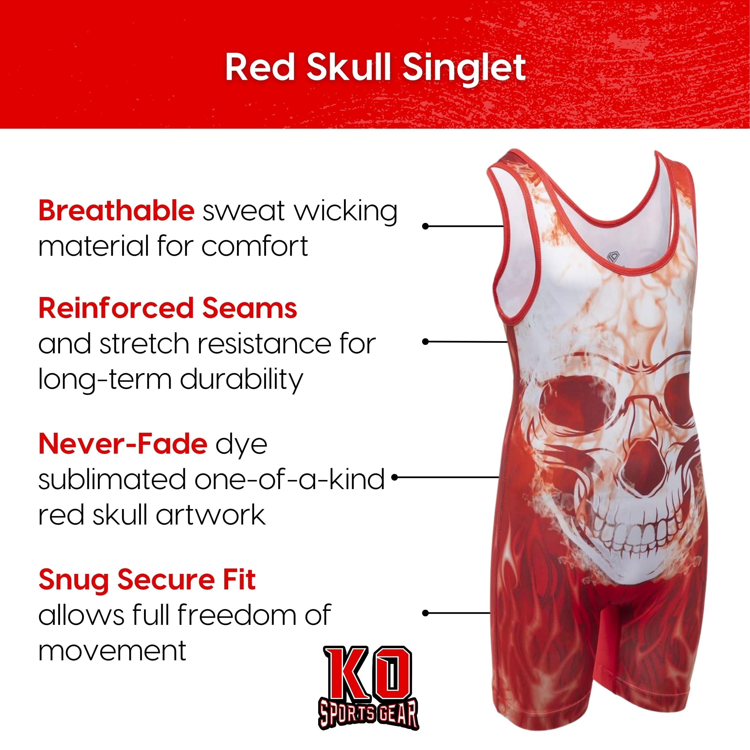 KO Sports Gear Wrestling Singlet Red Flaming Skull