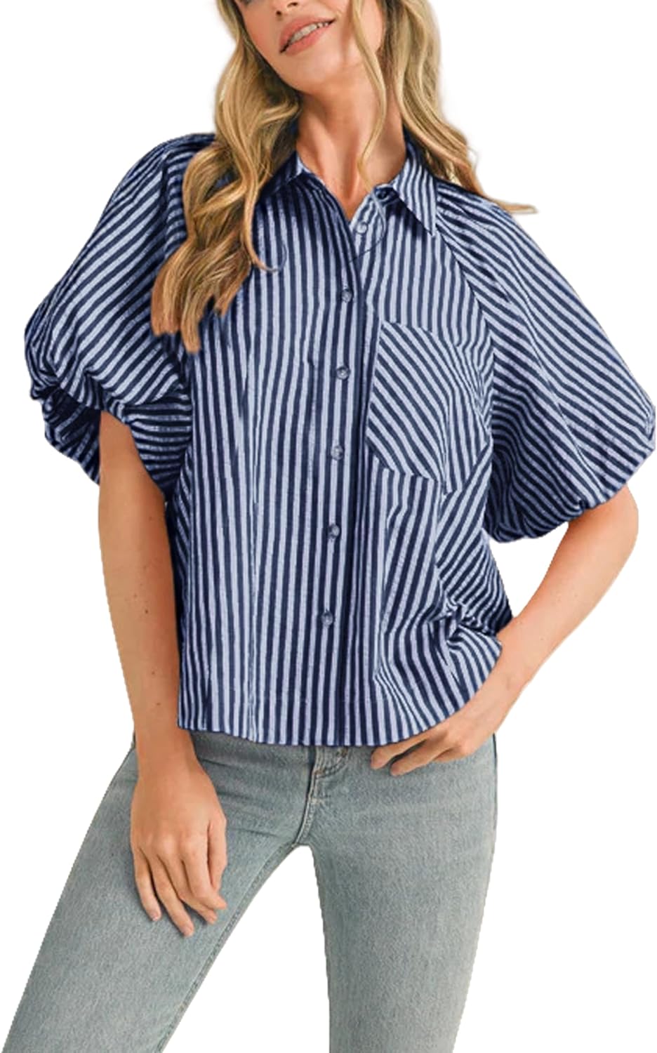 Women's Striped Button Down Shirt Puff Sleeve Collared V Neck Loose Casual Dressy Blouse Top