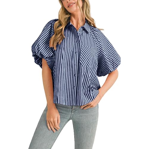 Women's Striped Button Down Shirt Puff Sleeve Collared V Neck Loose Casual Dressy Blouse Top