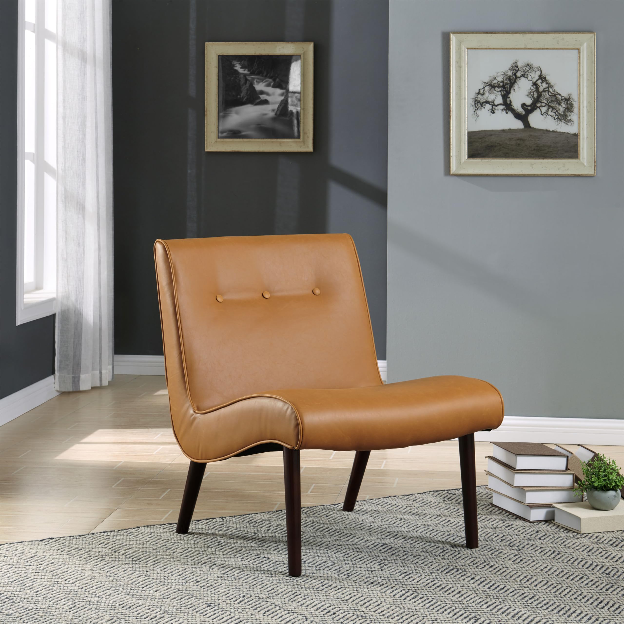 Amazon.com: New Pacific Direct Alexis Tufted Mid Mod Bonded Leather Chair,Brown  Legs,Vintage Caramel Brown,Fully Assembled : Home & Kitchen