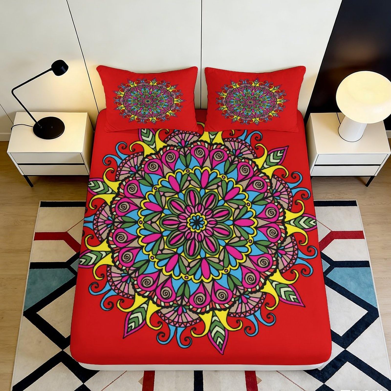 Jqzkxnhpbr Style-8 3D Printed Mandala Boho Fitted Sheet Microfiber Soft Red Ethnic Flower Mattress Cover For Bedroom Dorm Mattress Protection Decor 90X200x25cm