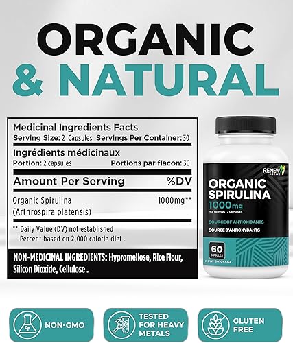 Miniatura 6 de Renew Actives Espirulina orgánica de 1000 mg por 2 cápsulas – Superalimento para hombres y mujeres – Apoya la energía, el bienestar y la función