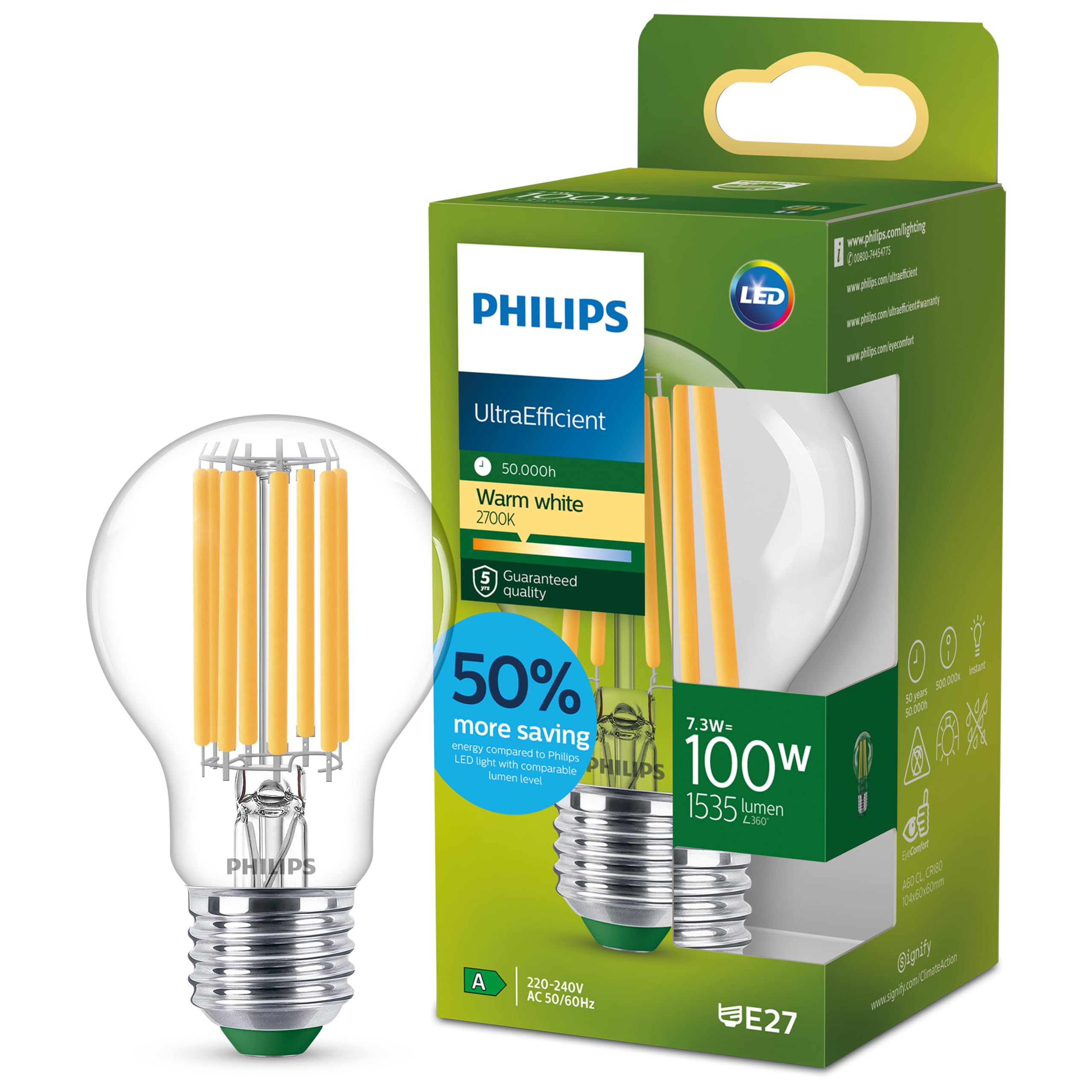 Philips Ultra Efficient - Ultra Energy Saving Lights, LED Light Source, 100W, A60, E27, Warm White 2700 Kelvin, Clear