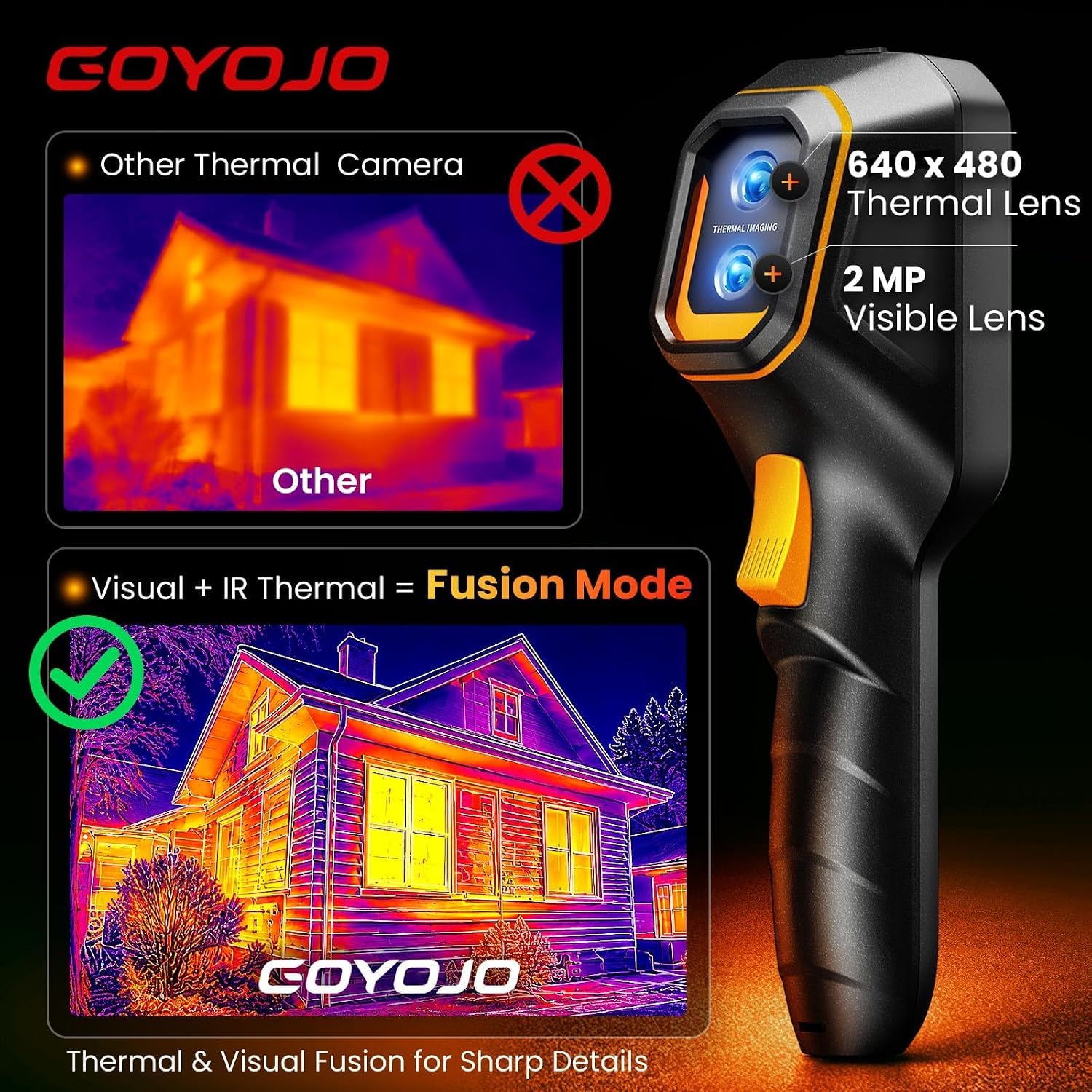 GOYOJO Cámara termográfica de 640 × 480, resolución de 256 × 192 infrarrojos, cámara infrarroja de 25 Hz con cámara de visión de 2 MP, de -20 °C a 550 °C, cámara infrarroja de mano para electricidad