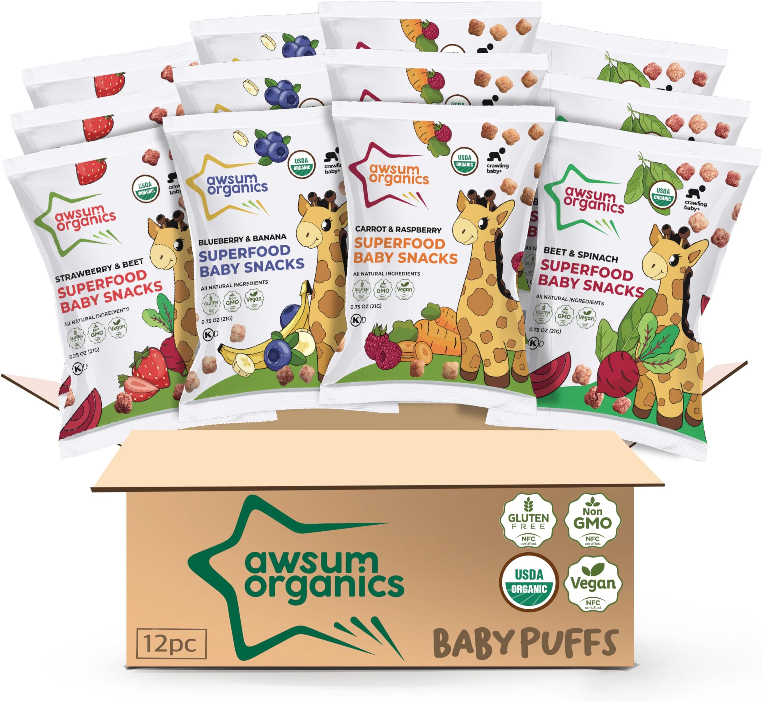 Awsum Organics Baby Snacks - Happy Healthy Baby Food - Snack for Babies - Organic Vegan Kosher Gluten Free - Natural Plant Based Puffs - Non-Allergy - No Added Sugar 0.75 Oz Bag (Variety, 12 bags)