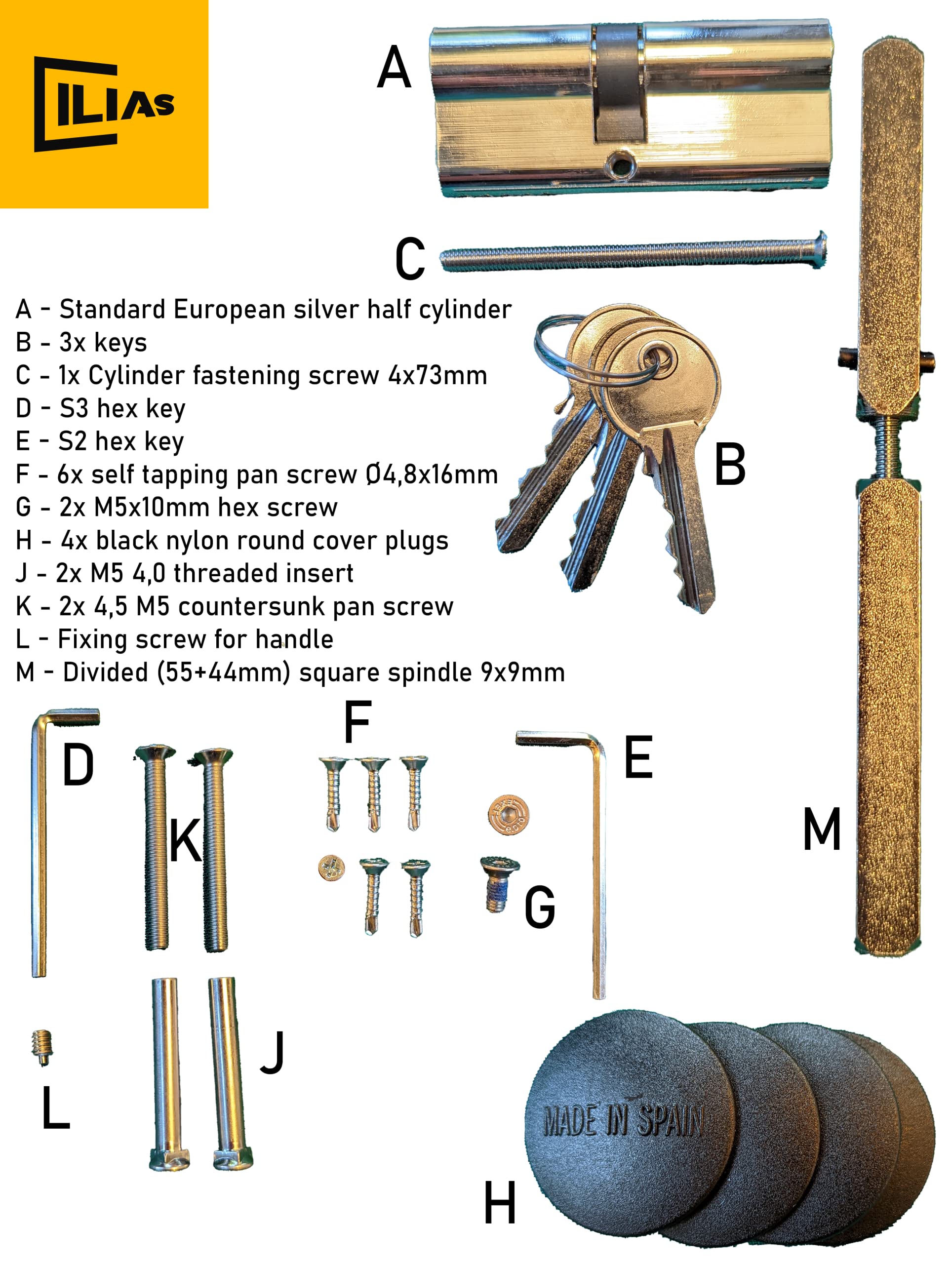 Poignée anti-panique avec serrure, manille, cylindre pour portes sur sorties de secours, marqué CE, EN 1125 (Kit complet)