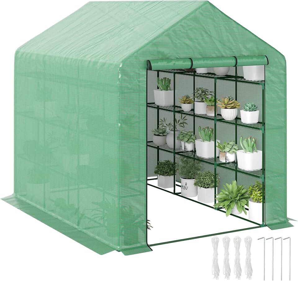 Outdoor Walk-in Greenhouse, 18 Shelves, PE Cover, Roll-Up Door, Green