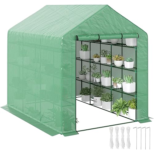 Outsunny 8' x 6' x 7' Walk-in Greenhouse, PE Cover, 4-Tier Shelves, Steel Frame Hot House, Roll-Up Zipper Door for Flowers, Vegetables, Saplings, Tropical Plants, Green
