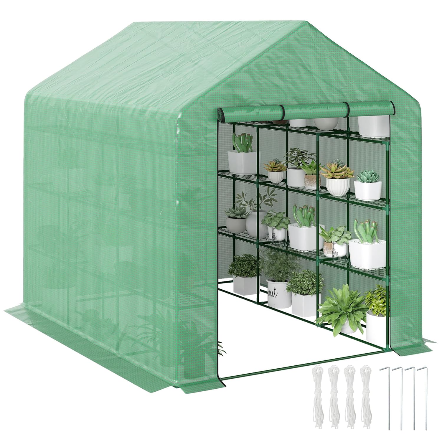 Outsunny 8 x 6 x 7 Walk-in Greenhouse PE Cover 4-Tier Shelves Steel Frame Hot House Roll-Up Zipper