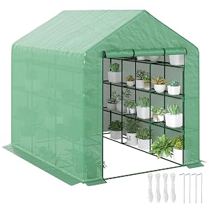Outsunny 8 x 6 x 7 Walk-in Greenhouse PE Cover 4-Tier Shelves Steel Frame Hot House Roll-Up Zipper