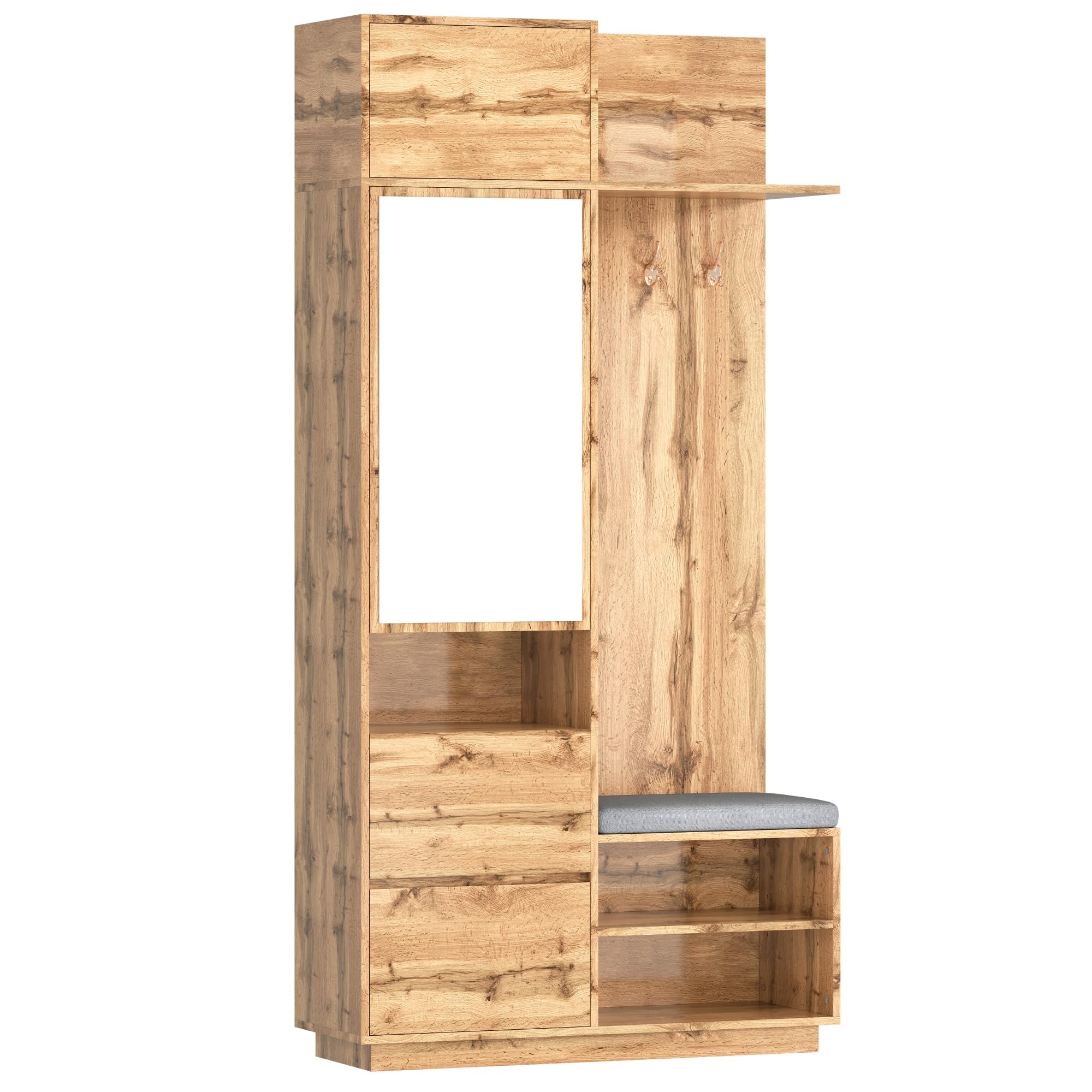 Moimhear Perchero compacto con espejo y banco, 90 x 34,5 x 190 cm, perchero con zapatero y ganchos, perchero para ropa, perchero de pasillo (natural)