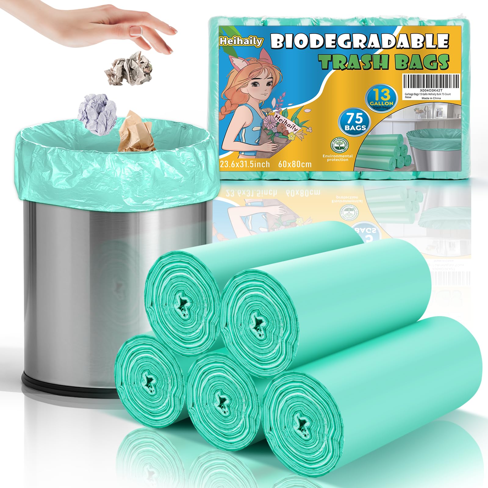 Heihaily 13 Gallon Tall Kitchen Green Biodegradable Trash Bags