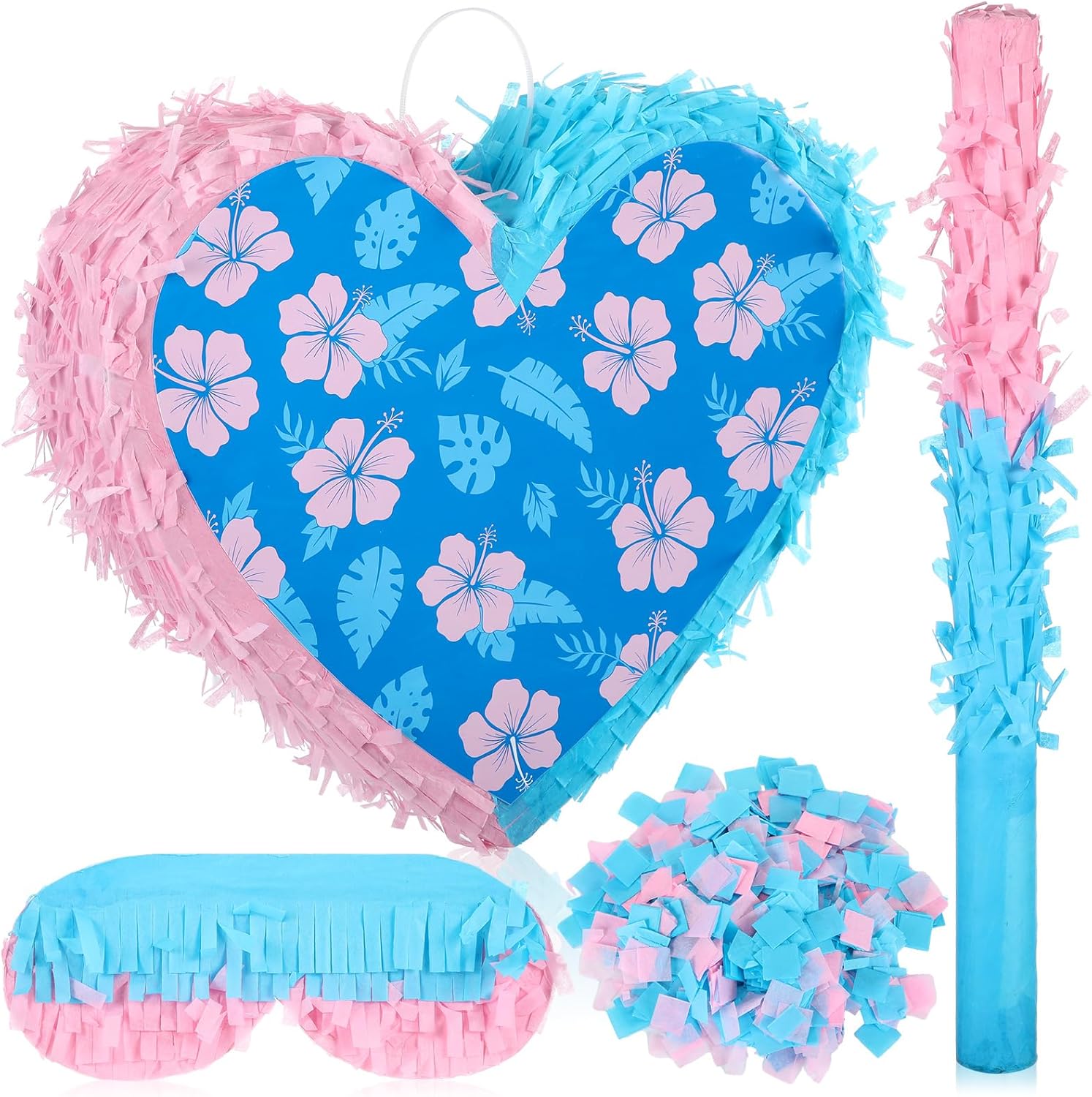 Lunmon Hawaiian Blue and Pink Heart Piñata Set Piñata Bundle with Blindfold and Confetti Cartoon Hibiscus Hawaii Heart Piñata Luau Party Decor for Cartoon Birthday Tropical Hawaiian Party Decorations