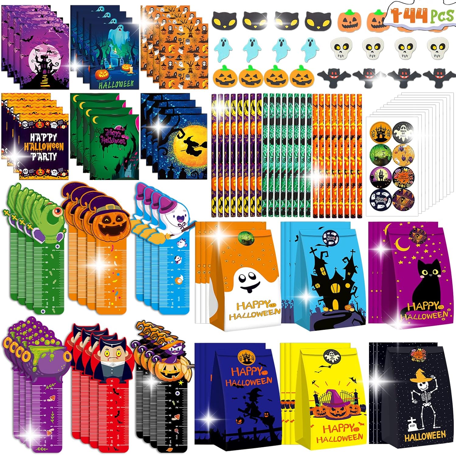SpringFlower 144pcs Halloween Stationery Set for Kids, Halloween Party Favors Set, Halloween Stationery Gift kit, Halloween Goody Bag Fillers Including Pencil, Eraser, Ruler, Notepad, Sticker