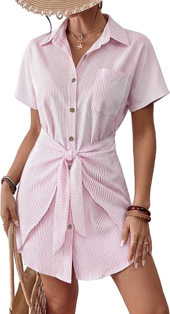 Bsubseach Womens Swimsuit Coverup Tie Beach Shirt Dresses | Short Sleeve Button Down Bathing Suit Cover Up, Chest Pocket, High-Low Hem, Flattering Fit, Summer Beach Vacation & Daily