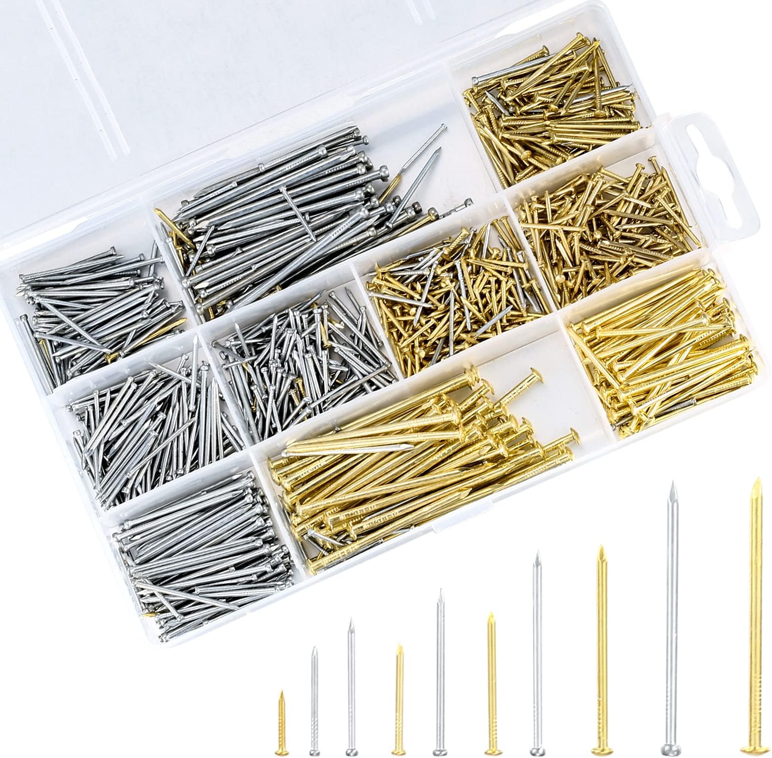 Assorted Nails and Pins Assortment Set, Wall Wood Panel Pins Tacks Nails, Hardware Construction Nails for Woodworking, Picture, Masonry, Furniture Making Pins, with Storage Case - 1000 Pcs