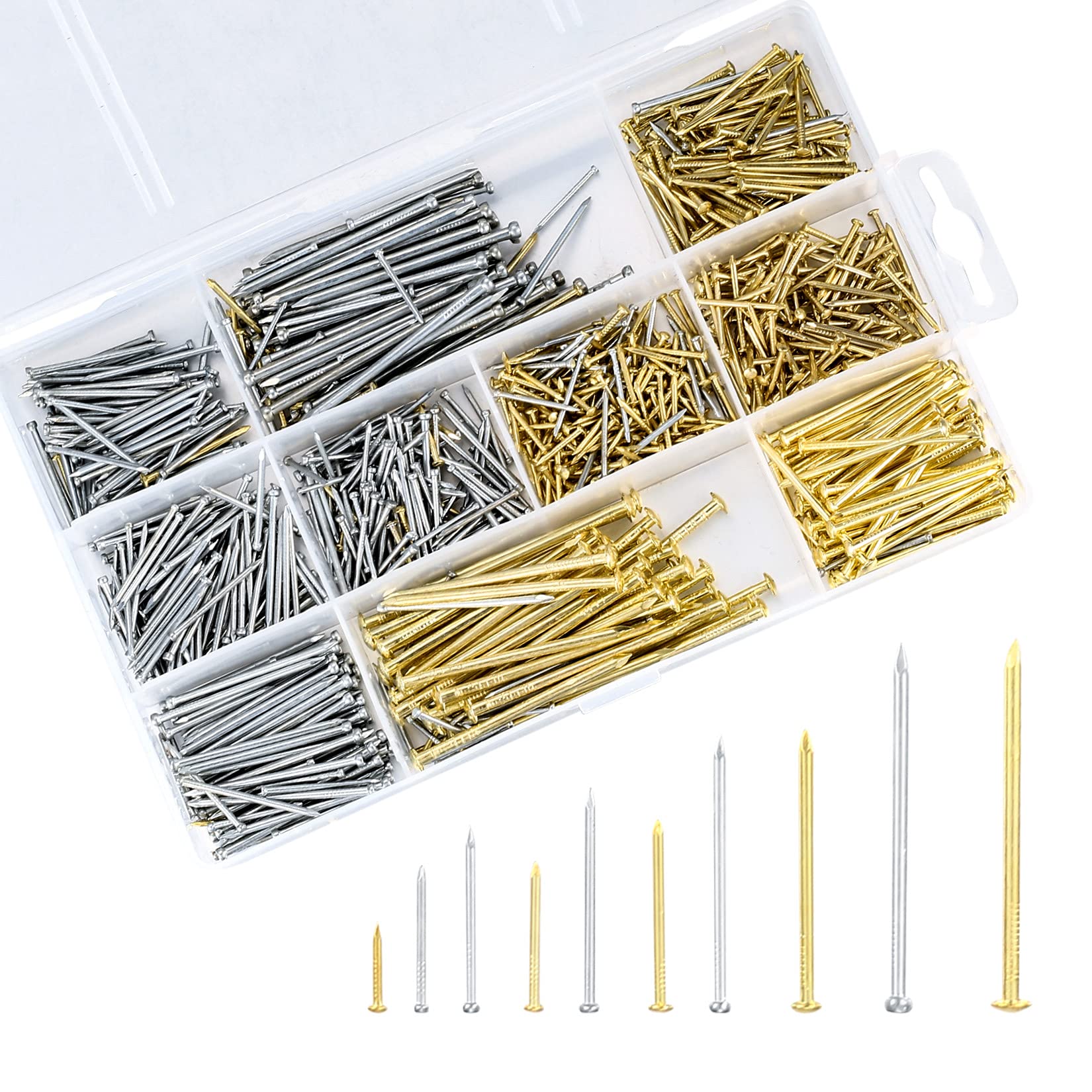 Assorted Nails and Pins Assortment Set, Wall Wood Panel Pins Tacks Nails, Hardware Construction Nails for Woodworking, Picture, Masonry, Furniture Making Pins, with Storage Case - 1000 Pcs